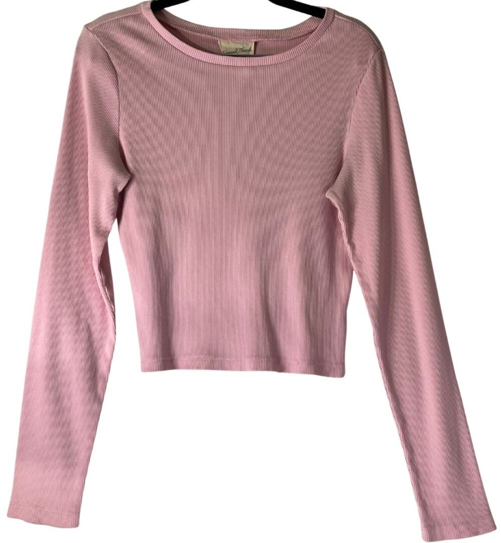 Universal Thread Pink Ribbed Cropped Crew Neck Long Sleeve Top Size M